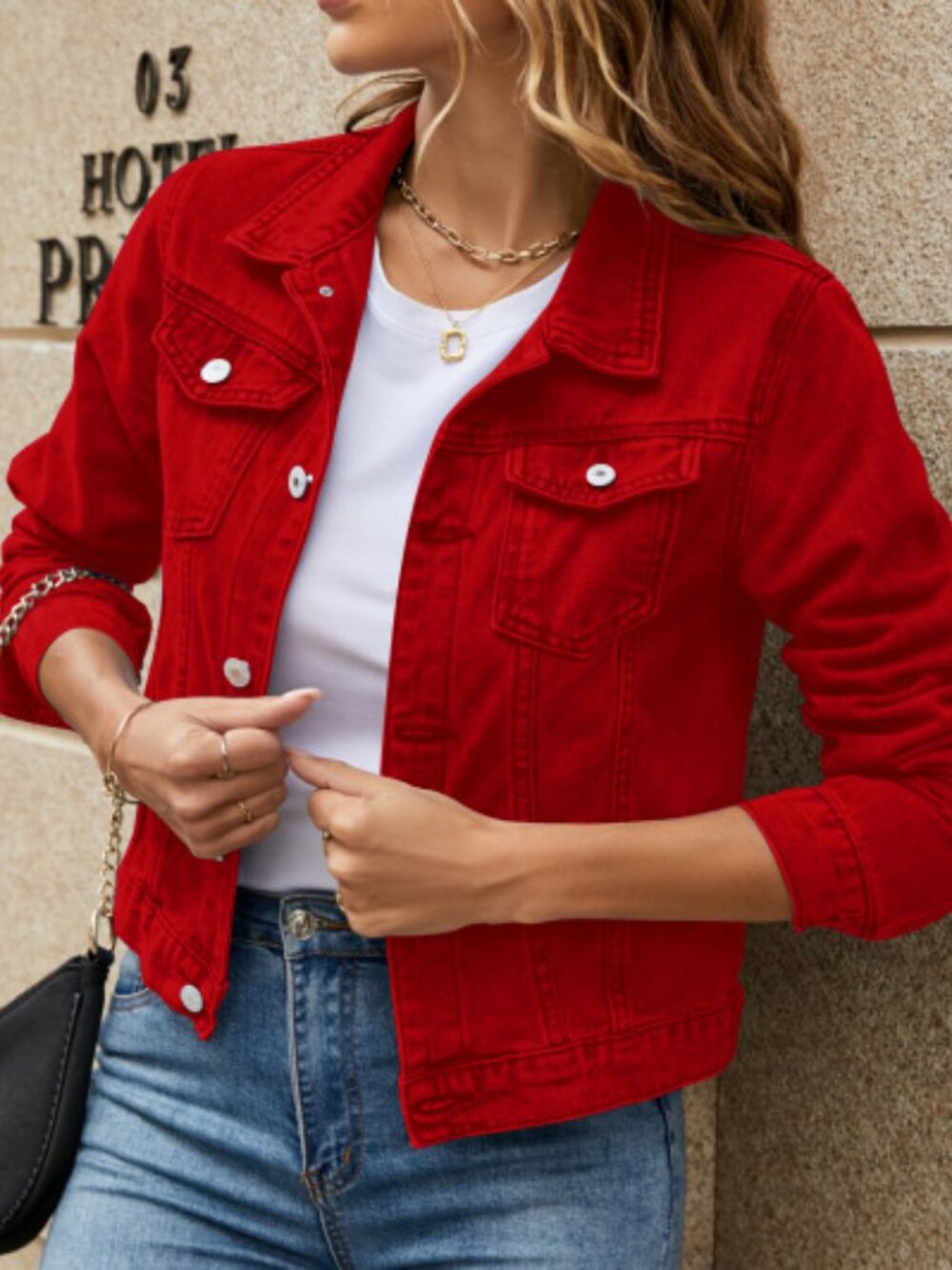 Women’s Red Slim Lapel Denim Jacket Long Sleeve Casual Commuter Jean Coat